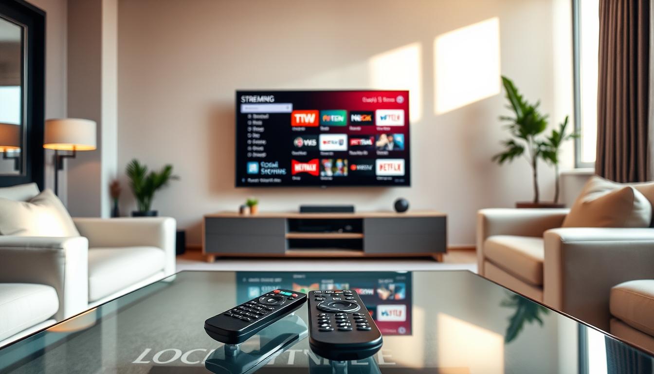 A cozy living room with a large flat-screen TV prominently displayed, showcasing a menu interface for a popular streaming service. The room is bathed in warm, inviting lighting, with sleek modern furniture and subtle plant accents. In the foreground, a remote control rests on a glass-topped coffee table, symbolizing the ease of cord-cutting and the convenience of streaming local channels. The overall atmosphere conveys a sense of freedom, comfort, and cost-savings, reflecting the benefits of cutting the cable cord.