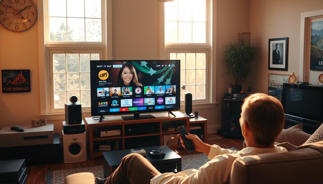 A cozy living room with a large flatscreen TV prominently displayed, surrounded by various home entertainment devices and accessories. The room is bathed in warm, natural lighting filtering through large windows, creating a welcoming atmosphere. In the foreground, a person is sitting on a comfortable couch, using a remote control to navigate through various channels on the TV screen. The scene conveys a sense of ease and simplicity in accessing local television programming without the need for a traditional cable subscription.