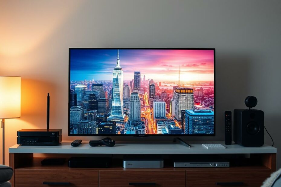 A cozy living room with an array of entertainment devices on a sleek media console. In the foreground, a modern flat-screen TV takes center stage, its screen displaying a vibrant cityscape - a visual representation of how to access local channels without a cable subscription. Surrounding the TV, various streaming devices, antennas, and remote controls hint at the alternative solutions available. Warm, diffused lighting creates a welcoming atmosphere, inviting the viewer to explore the possibilities of cutting the cord and embracing a new era of personalized local entertainment.