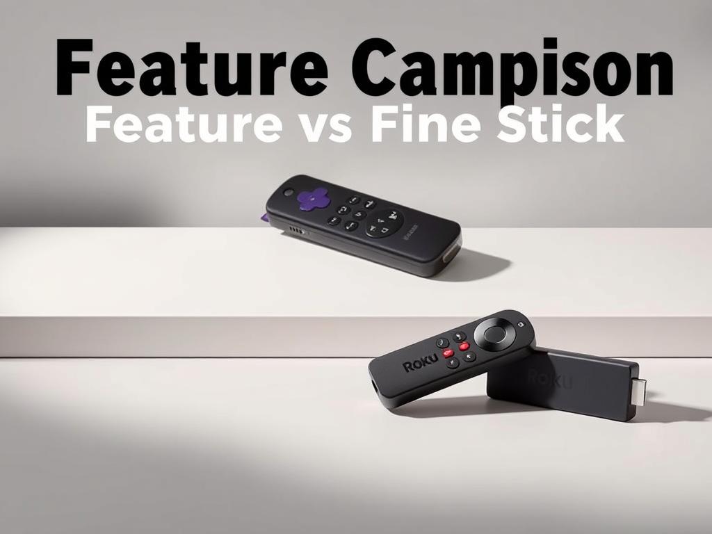 A detailed feature comparison of two popular streaming devices, Roku and Fire Stick, displayed on a sleek, minimalist background. The devices are featured prominently in the foreground, showcasing their distinct designs and contrasting capabilities. The background features a neutral, gradient-based color scheme, creating a clean and modern aesthetic. Lighting is soft and diffused, gently accentuating the devices' shapes and textures. The overall composition is balanced, guiding the viewer's attention to the key details of the comparison.
