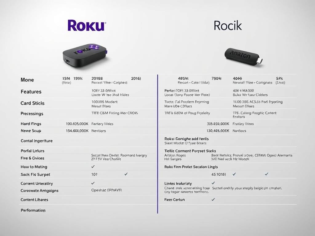 A detailed, side-by-side comparison chart showcasing the key features, capabilities, and performance metrics of the Roku and Amazon Fire Stick streaming devices. The chart is presented on a sleek, minimalist background, with clean lines and a modern, elegant design. The two device icons are prominently displayed, with distinct colors and styling to visually differentiate them. Crisp, high-resolution graphics and infographics provide a clear, concise overview of the devices' technical specifications, user interface, content libraries, and overall value proposition. The lighting is soft and diffused, creating a professional, informative atmosphere suitable for an editorial illustration.
