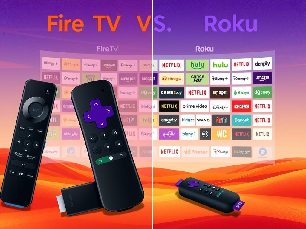 A digital illustration showcasing a side-by-side comparison of the content libraries available on Fire TV and Roku streaming platforms. In the foreground, two sleek remote controls, one for Fire TV and one for Roku, are displayed prominently, symbolizing the user experience. In the middle ground, a diverse array of streaming service logos, including Netflix, Hulu, Amazon Prime Video, Disney+, and others, are arranged in a dynamic grid layout, highlighting the breadth of content options. In the background, a vibrant, abstract landscape with warm, fiery hues sets the tone, suggesting the competitive nature of the streaming market. The image should be rendered with a clean, modern aesthetic, utilizing sharp lines, subtle gradients, and a balanced composition to effectively convey the comparative analysis of the two streaming devices.