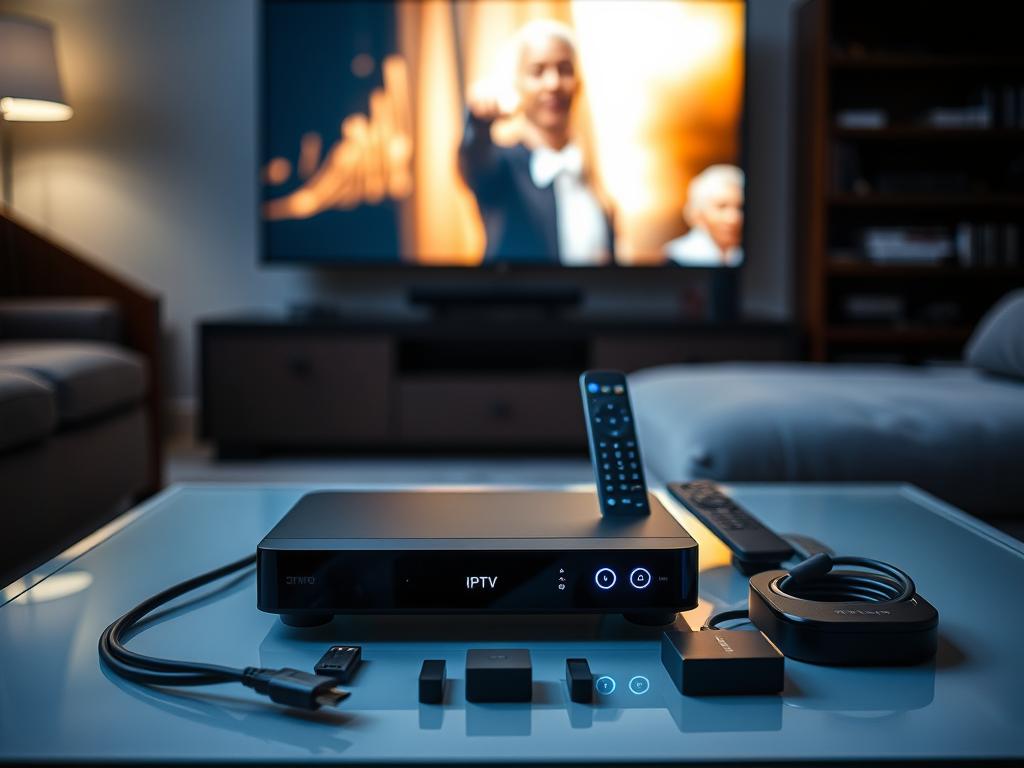 A dimly lit room with a cozy, inviting atmosphere. In the foreground, an IPTV smart player sits prominently on a sleek, glass-topped coffee table, its modern design and glowing power indicator catching the eye. In the middle ground, a variety of streaming-related tools and accessories are neatly arranged, including a high-quality HDMI cable, a universal remote, and a USB hub. The background features a large, high-definition television screen, casting a warm, ambient glow across the scene, suggesting the seamless integration of technology for an immersive viewing experience.