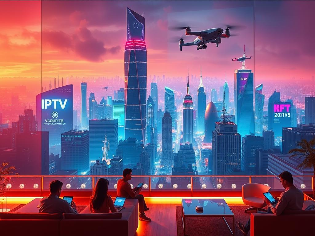 A futuristic cityscape bathed in a warm, techno-glowing haze, with towering skyscrapers and holographic displays showcasing the latest IPTV trends and innovations. In the foreground, a group of people immersed in their personal devices, surrounded by sleek, modern furniture and the subtle glow of ambient lighting. The middle ground features a bustling metropolis, with autonomous vehicles, drones, and cutting-edge communication infrastructure. The background is dominated by a vibrant, neon-lit skyline, hinting at the rapid advancements in IPTV technology and its integration into the fabric of everyday life in 2025.