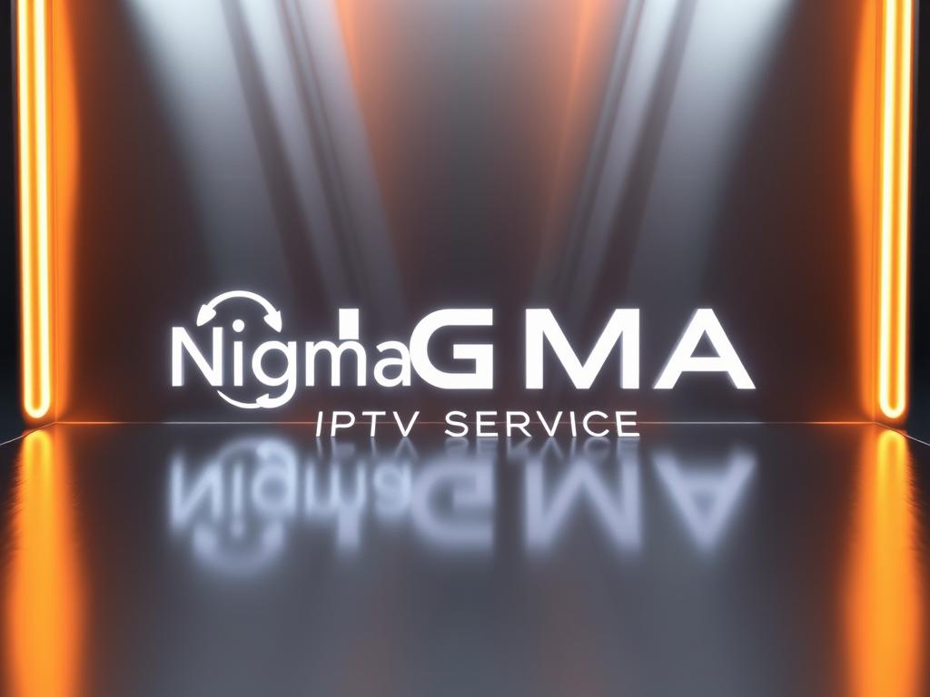 A futuristic, minimalist logo for "Nigma Streamz IPTV Service" displayed on a sleek, metallic surface, illuminated by warm ambient lighting from the sides. The logo features a clean, bold font and a simple, abstract icon representing the interconnected nature of the IPTV service. The background is a smooth, reflective surface, creating a sense of depth and high-tech sophistication. The overall composition conveys a premium, cutting-edge image for the IPTV provider.