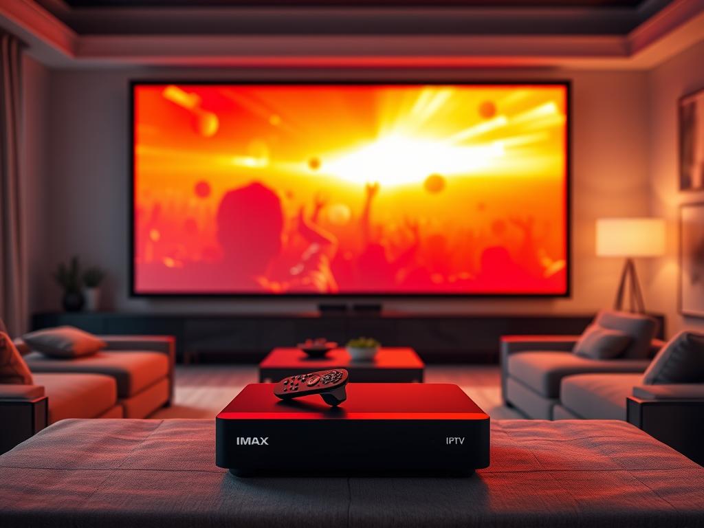 A high-quality, cinematic image of the IMAX IPTV service. The scene depicts a modern living room setup, with a large IMAX-style projection screen dominating the center. The screen displays a vivid, high-definition video stream, showcasing the premium content and immersive viewing experience of IMAX IPTV. In the foreground, a sleek, minimalist IPTV set-top box is prominently placed, surrounded by a wireless remote and other home entertainment peripherals. The middle ground features plush, comfortable seating arrangements, creating an inviting atmosphere for an immersive home viewing experience. The background is softly lit, with subtle ambient lighting and hints of modern home decor, establishing a stylish, premium ambiance. The overall composition and lighting convey a sense of cinematic quality and technological sophistication associated with the IMAX IPTV brand.