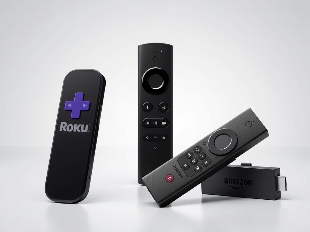 A high-quality, detailed comparison of the sleek and modern designs of a Roku streaming device and an Amazon Firestick, showcased in a well-lit, minimalist studio setting. Capture the devices from multiple angles, highlighting their distinctive shapes, colors, and textures, with a focus on the user interfaces and remote controls. Convey a sense of elegance and functionality, inviting the viewer to imagine the seamless integration of these devices into their home entertainment setup.