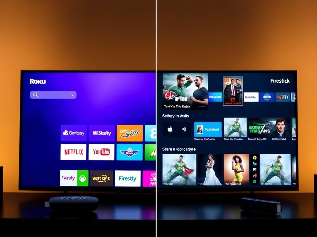A high-resolution, detailed side-by-side comparison of the modern user interfaces of a Roku streaming device and an Amazon Firestick, showcased in a clean, minimalist style. The Roku interface is presented on the left, with its intuitive grid layout and vibrant app icons, while the Firestick interface occupies the right, highlighting its sleek, content-focused design. Both interfaces are illuminated by soft, warm lighting, creating a inviting and informative atmosphere. The image captures the essence of the user experience for each streaming platform, allowing for a direct visual comparison of their ease of use and overall aesthetic.