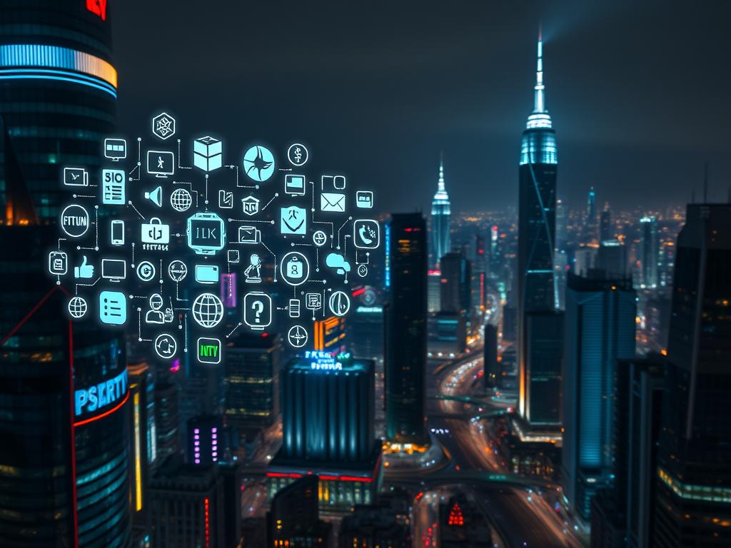 A high-tech cityscape at night, neon lights and holographic displays reflecting on sleek futuristic skyscrapers. In the foreground, a floating array of IPTV service icons, each pulsing with dynamic energy. The middle ground features data streams and network visualizations, while the background showcases a panoramic view of an advanced, interconnected metropolis. Cinematic lighting, a moody color palette, and a sense of dynamism and progress convey the rapid evolution of the IPTV industry.