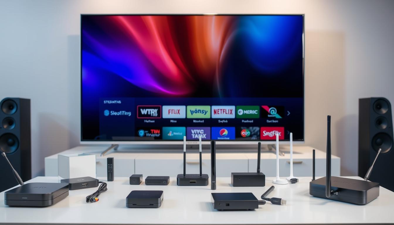 A modern TV stand showcasing various streaming devices and antennas against a sleek, minimalist backdrop. In the foreground, a state-of-the-art HDTV displays a vibrant, high-resolution image. Surrounding it, an array of streaming boxes, dongles, and compact antennas convey the diverse options for accessing local channels without the need for a traditional cable subscription. The middle ground features a clean, well-organized workspace, hinting at the ease of setup and integration. The background is bathed in soft, diffused lighting, creating a sense of contemporary sophistication and technological advancement.