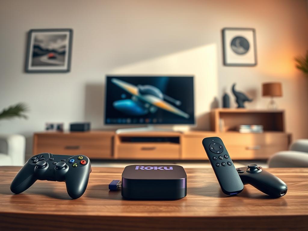 A modern living room setting with a sleek and minimalist Roku streaming device prominently displayed on a wooden entertainment unit. The device is surrounded by various gaming controllers, including a classic gamepad and a motion-sensitive remote, conveying the idea of Roku's gaming capabilities. The room is bathed in warm, soft lighting, creating a cozy and inviting atmosphere. The walls feature subtle abstract art pieces, complementing the overall aesthetic. The scene is captured from a mid-level angle, showcasing the harmony between the technology and the refined, stylish decor.