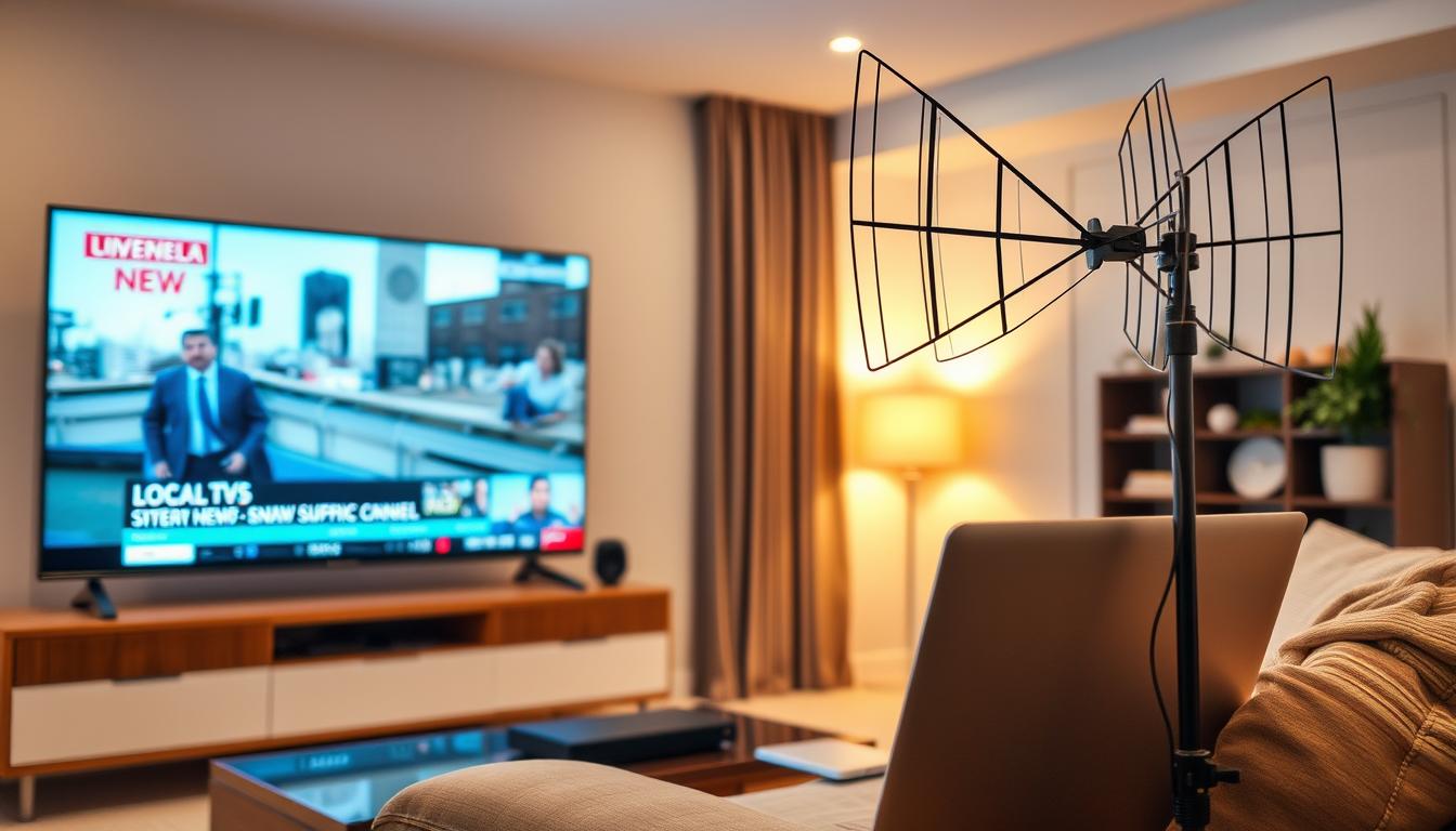 A modern living room with a large television set, an antenna, and devices like a laptop or streaming box prominently displayed. The scene is well-lit, with a warm, inviting atmosphere. The television shows a clear, high-definition image of local news or programming. The laptop or streaming device is positioned to suggest easy access to various streaming services. The antenna is positioned in a way that demonstrates its effectiveness in picking up local signals. The overall composition conveys the idea of enjoying local TV channels without the need for a cable subscription.