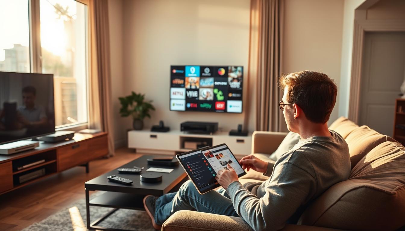A modern living room with a sleek entertainment center, multiple streaming devices and remote controls neatly arranged. Sunlight streams in through large windows, casting a warm glow on the scene. A person sits on a comfortable couch, intently comparing the features and prices of various digital streaming services on a tablet, trying to find the best option to access local channels without a cable subscription. The overall mood is one of thoughtful consideration and decision-making.