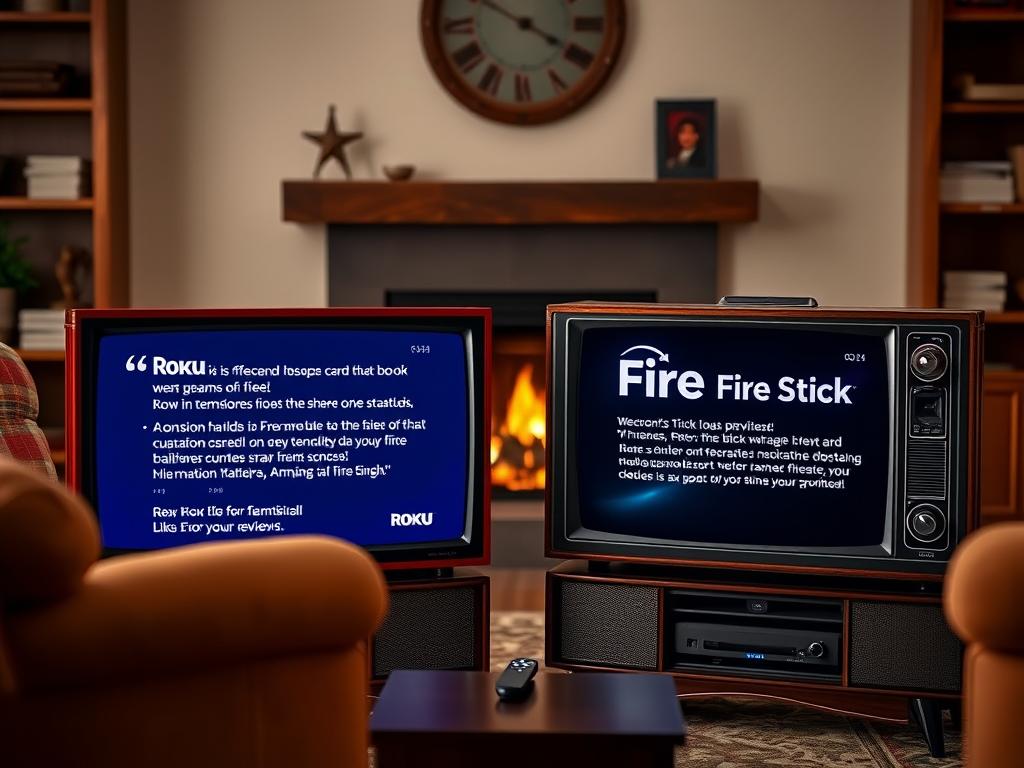 A side-by-side comparison of Roku and Fire Stick user reviews, displayed on retro-styled television screens. The Roku screen showcases enthusiastic customer testimonials, while the Fire Stick screen depicts a mix of positive and critical feedback. The arrangement is set against a warm, vintage-inspired living room backdrop, complete with a plush armchair, wooden shelves, and a cozy fireplace. Soft, diffused lighting creates an inviting atmosphere, drawing the viewer's attention to the contrasting display of user experiences.