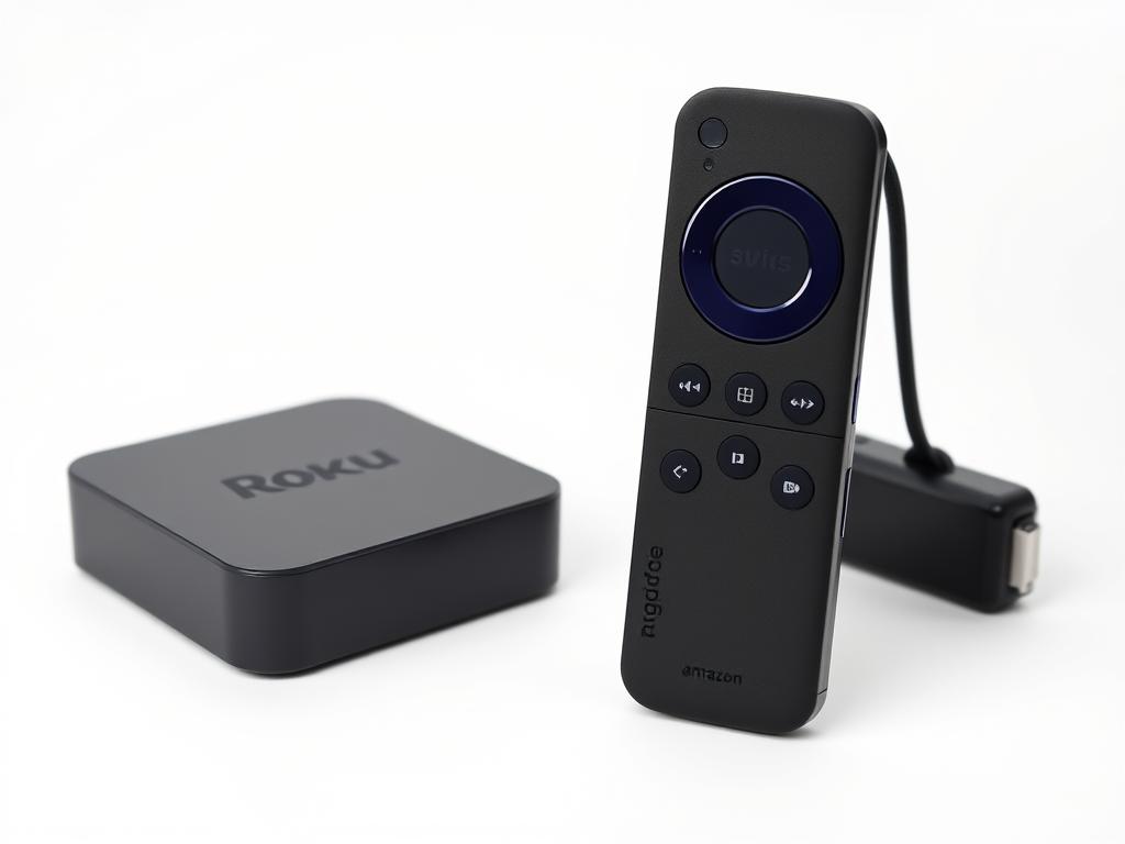 A side-by-side comparison of a Roku streaming device and an Amazon Fire TV Stick, showcased in a well-lit, minimalist product photography setup. The Roku device occupies the left foreground, its sleek black rectangular form accented by clean lines and a subtle matte finish. The Fire TV Stick takes the right foreground, its compact, elongated shape contrasting with the Roku's boxy design. The background is a seamless white backdrop, allowing the devices to stand out and their distinctive aesthetics to be evaluated. Soft, even lighting provides clarity and depth, highlighting the materials, textures, and overall build quality of the two streaming players.