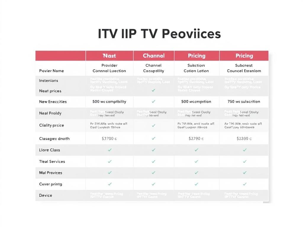A sleek, minimalist comparison chart showcasing the key features and pricing of leading IPTV providers. The chart is presented against a clean, white background, creating a professional and organized visual. The chart elements are laid out in a clear, grid-like structure, with distinct sections for provider names, channel selections, device compatibility, pricing tiers, and subscription options. The information is presented in a neutral, easy-to-digest manner, inviting the viewer to quickly assess and compare the top IPTV services. Subtle, pastel-colored accents add visual interest without distracting from the core data. Crisp, balanced lighting and a shallow depth of field keep the focus on the comparison chart, creating an informative and visually appealing illustration for the article.