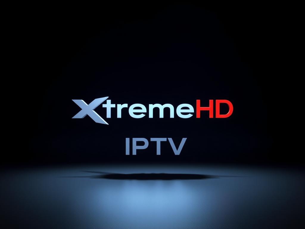 A sleek, minimalist interface showcasing the XtremeHD IPTV logo, rendered in high-definition 3D. The logo hovers in the center of the frame, casting a subtle reflection on a glossy, dark surface. Soft, directional lighting illuminates the logo, creating dramatic shadows and highlights that emphasize its angular, futuristic design. The background is a deep, moody gradient, transitioning from a rich navy blue to a subtle, charcoal gray, creating a sense of depth and sophistication. The overall mood is one of premium quality, technological innovation, and a premium entertainment experience.