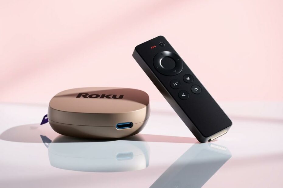 A sleek, minimalist presentation of the Roku and Amazon Firestick streaming devices, showcased side-by-side on a clean, reflective surface. The devices are illuminated from above, casting subtle shadows and highlighting their distinct designs. The Roku device has a smooth, rounded shape in a neutral tone, while the Firestick has a more angular, elongated profile in a darker hue. The background is a soft, gradient wash of complementary colors, creating a sense of depth and focus on the hardware. Crisp, high-resolution details allow for a thorough examination and comparison of the devices' ports, buttons, and overall construction.