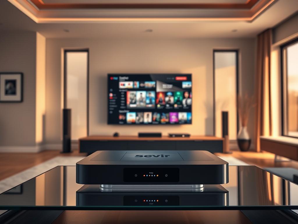 A sleek, modern living room with a minimalist aesthetic. In the foreground, a state-of-the-art streaming device sits prominently on a glass-topped entertainment center, its crisp LED indicators pulsing with digital energy. The middle ground features a large, high-definition television screen displaying a captivating array of streaming content, from movies and TV shows to live sports and news. In the background, floor-to-ceiling windows flood the space with warm, natural light, creating a sense of openness and technological sophistication. The overall atmosphere conveys the revolutionary impact of streaming technology on the home entertainment experience, transforming the way we consume and interact with digital media.