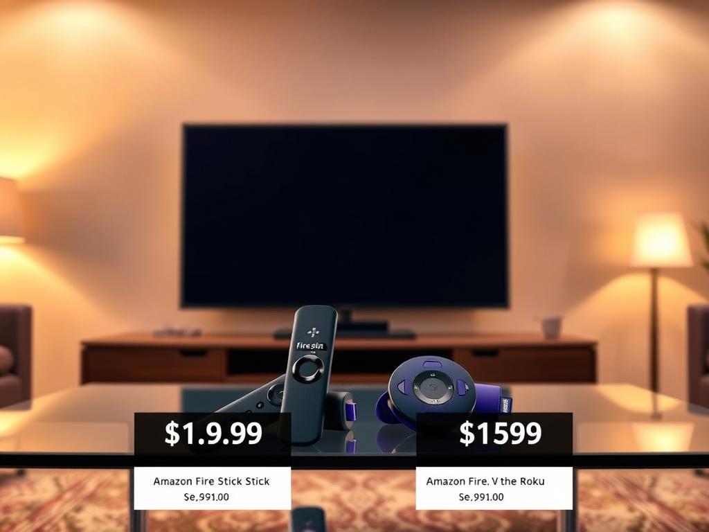 A sleek, modern-looking living room with a large TV screen taking center stage. On a glass coffee table in the foreground, two streaming devices sit side by side - the Amazon Fire Stick and the Roku. A visually striking comparison, highlighting their distinct designs and form factors. Warm, indirect lighting illuminates the scene, creating a cozy, inviting atmosphere. The background is slightly blurred, drawing the viewer's attention to the two devices and the pricing information displayed in a tasteful, unobtrusive manner. An elegant, minimalist composition that invites the viewer to explore the relative value and merits of these two popular streaming options.