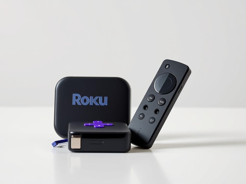 A sleek, well-lit studio setting with a professional table display showcasing a Roku streaming device and an Amazon Fire Stick side by side. The devices are arranged in a clean, minimalist layout, highlighting their distinctive designs and features. Soft, directional lighting creates depth and emphasizes the textures and materials of the products. The background is a simple, neutral color that allows the streaming devices to take center stage. The overall mood is one of clarity, comparison, and technological sophistication, reflecting the comparison of these two popular streaming platforms.