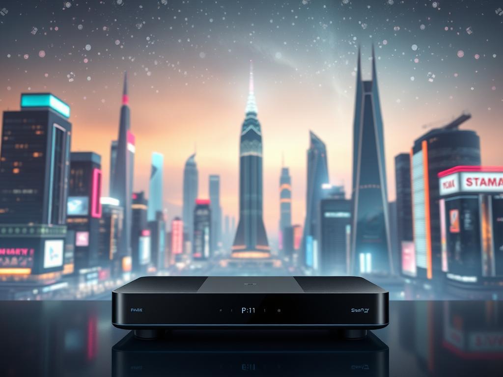 An advanced IPTV smart player set against a futuristic cityscape, illuminated by vibrant neon lights and holographic displays. In the foreground, the sleek, minimalist player takes center stage, its intuitive user interface and seamless connectivity symbolizing the effortless streaming experience of the future. In the middle ground, towering skyscrapers and futuristic architecture create a dynamic urban landscape, while in the background, a vast, starry sky hints at the boundless possibilities of the digital age. Soft, diffused lighting casts an ethereal glow, evoking a sense of technological wonder and the seamless integration of entertainment and technology.