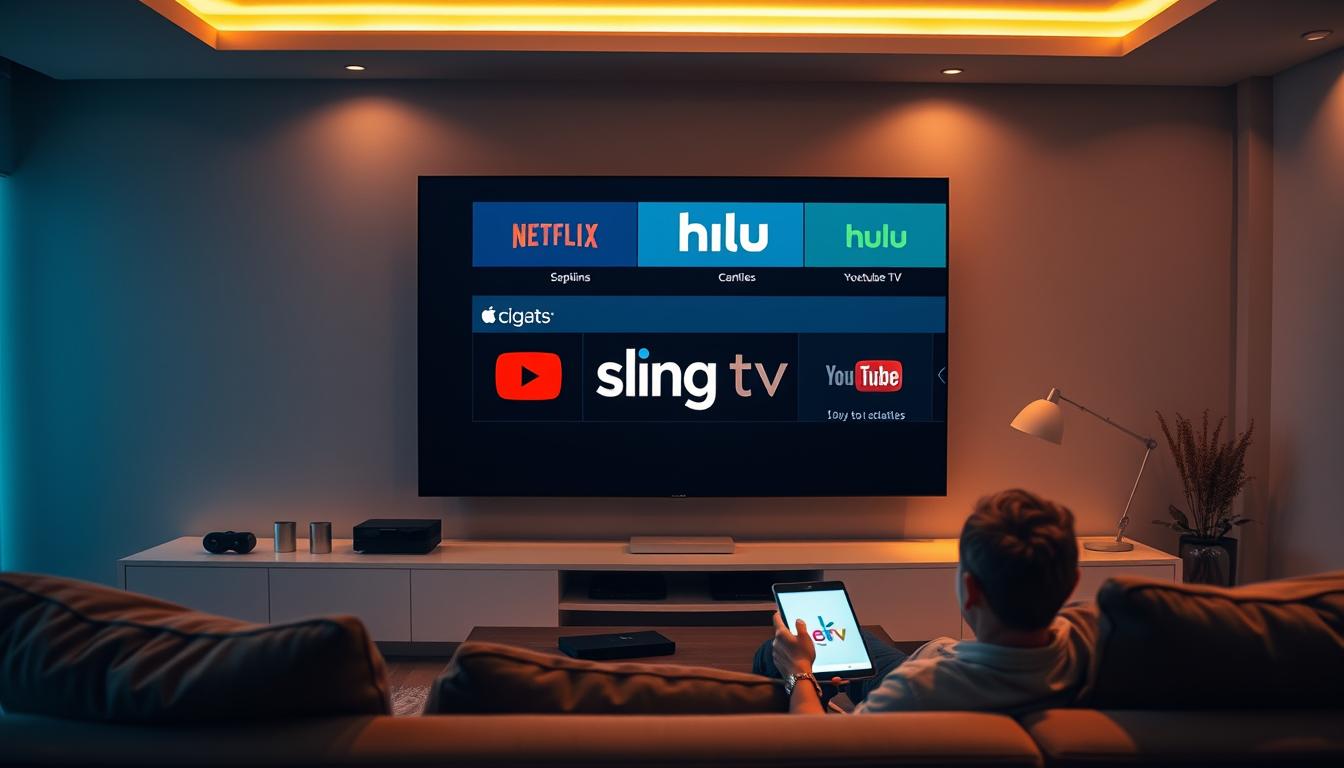 Comparing Internet Streaming Services for Local Entertainment An ultra-wide cinematic scene showcasing a sleek, modern living room with a large flat-screen TV. On the screen, various streaming service logos are displayed, including Netflix, Hulu, YouTube TV, and Sling TV. The room is illuminated by warm, indirect lighting, creating a cozy and inviting atmosphere. In the foreground, a person is seated on a comfortable sofa, browsing through the streaming options on a tablet or smartphone, pondering the best service to access local channels without a traditional cable subscription. The overall scene conveys a sense of the user-friendly, cord-cutting experience of exploring and comparing different internet-based TV streaming alternatives.
