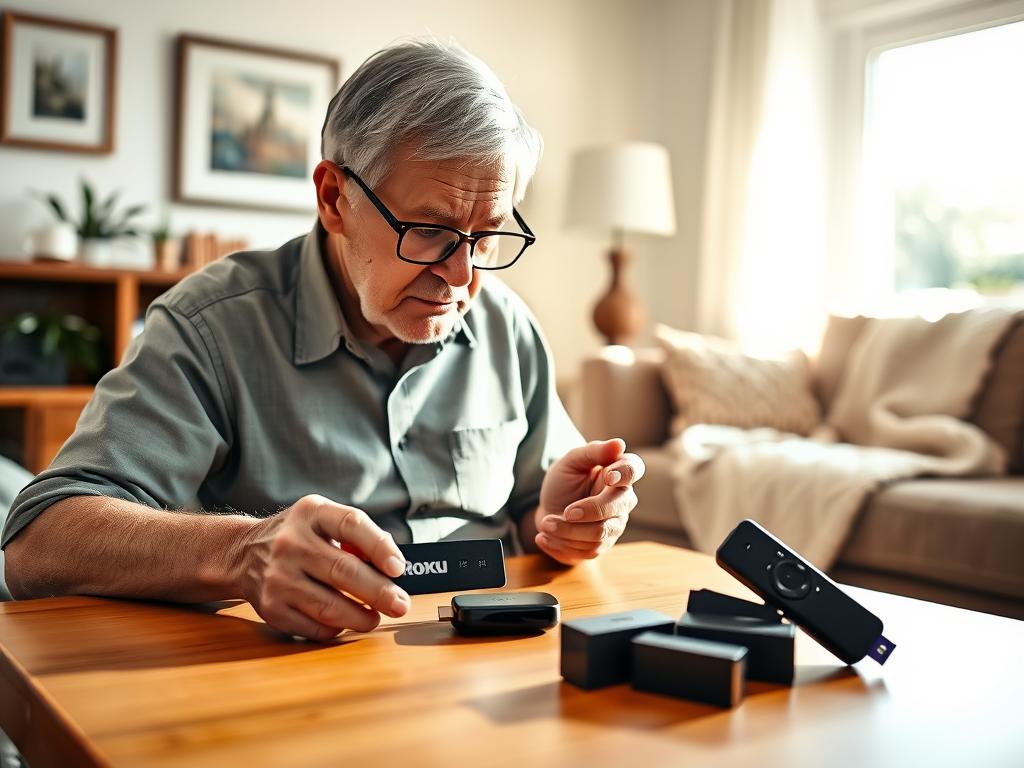 Elderly user carefully comparing two streaming devices, a Roku and a Firestick, on a wooden table in a cozy, well-lit living room. Warm, natural lighting illuminates the scene, creating a inviting and comfortable atmosphere. The user, with reading glasses perched on their nose, intently examines the devices, considering their features and capabilities. The arrangement of the devices and user's posture conveys a sense of focused, thoughtful comparison. Subtle details like a plant, framed artwork, and a soft throw blanket in the background suggest a lived-in, homely environment. The overall composition emphasizes the user's experience and decision-making process.