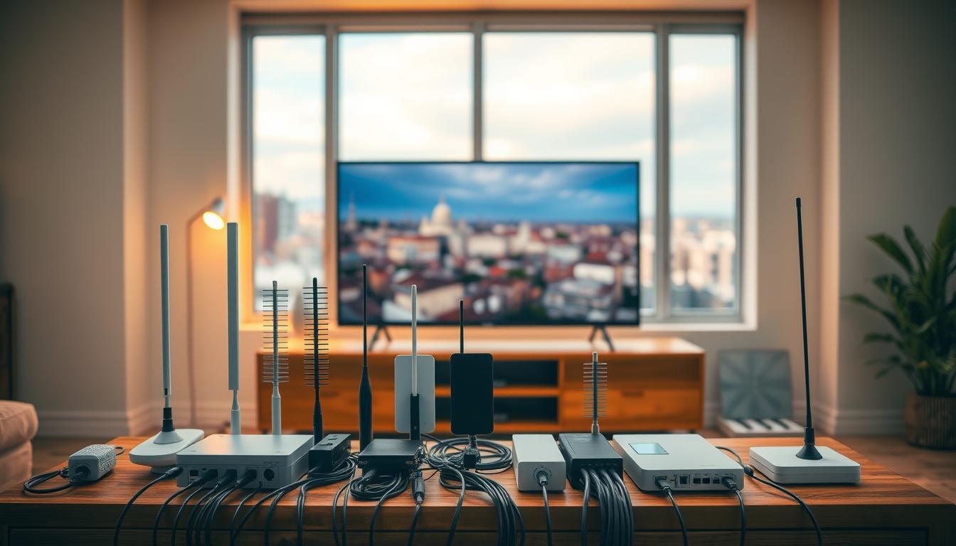 Vibrant living room with a large flat-screen television set as the focal point. In the foreground, an array of various digital antennas and signal boosters arranged neatly on a wooden media console. Warm, soft lighting emanates from concealed fixtures, creating a cozy atmosphere. The middle ground features a neatly organized tangle of cables and wires, hinting at the technical setup required to access local television channels without a traditional cable subscription. In the background, a large window overlooking a scenic urban landscape, emphasizing the modern, streamlined approach to television consumption. The overall scene conveys a sense of efficiency, simplicity, and the empowerment of taking control of one's media experience.