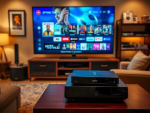 A cozy home cinema setup with a large TV displaying a vibrant and diverse array of IPTV content. In the foreground, a sleek and modern IPTV set-top box sits atop a stylish media console, its interface showcasing a wide range of streaming channels and on-demand titles. The middle ground features a comfortable couch and ambient lighting, creating a relaxing atmosphere for enjoying the content. In the background, shelves are filled with various IPTV-compatible devices, reflecting the variety of options available to the user. The overall scene conveys the convenience, flexibility, and entertainment value of using an IPTV player for streaming TV and movies.
