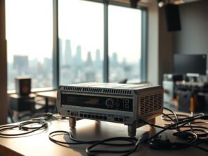 A high-definition IPTV encoder standing prominently in a well-lit studio, its sleek metallic chassis reflecting the soft, diffused lighting from overhead. The device is positioned on a sturdy table, surrounded by a clutter of cables and peripherals, conveying a sense of technical complexity. In the background, a blurred cityscape is visible through a large window, hinting at the encoder's role in delivering content to a wider audience. The scene is captured with a shallow depth of field, drawing the viewer's attention to the intricate details of the encoder's design and controls.