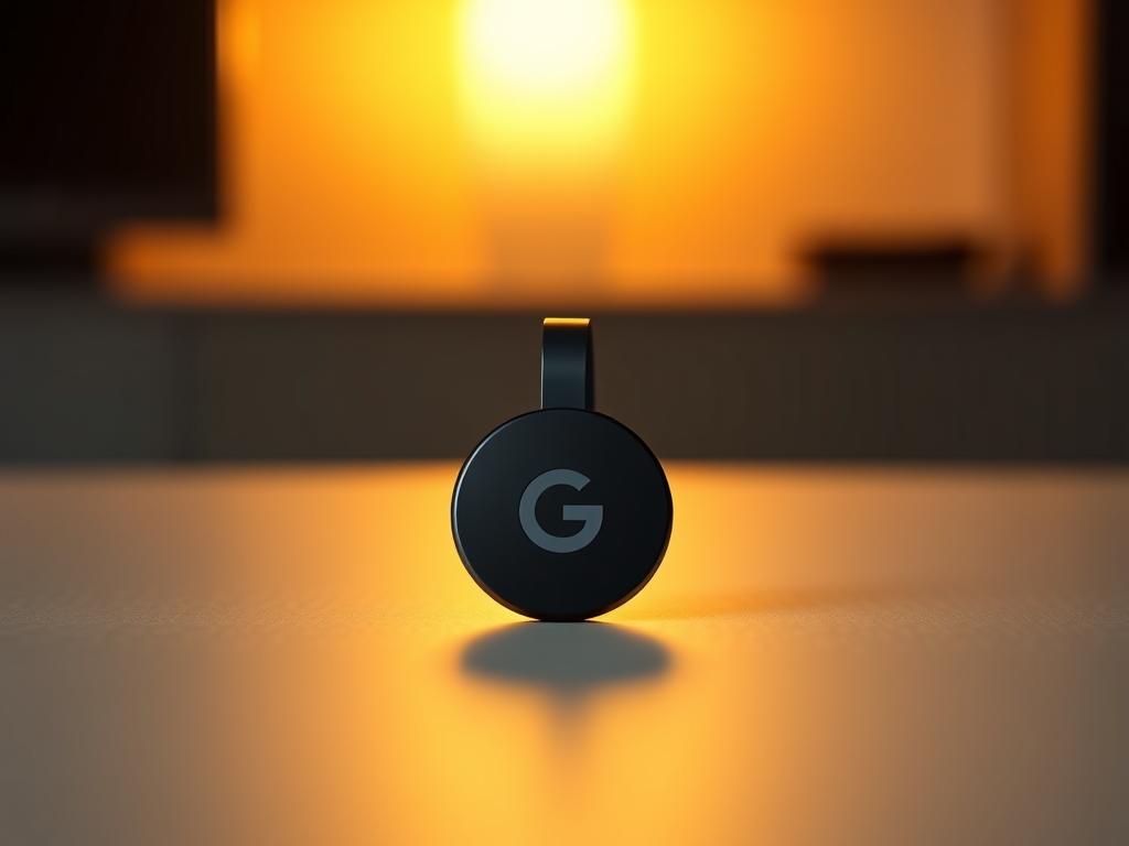 A high-quality, professional photograph of the Google Chromecast with Google TV device. The device is positioned prominently in the center of the frame, showcasing its sleek and modern design. The device is sitting on a minimalist, neutral-colored surface, with warm, diffused lighting illuminating it from above, creating soft shadows and highlights that accentuate its form. The background is blurred, creating a sense of depth and focus on the device. The lighting and composition work together to convey a sense of premium quality and high-end technology. The overall image reflects the subject of the "Best Android Box for Streaming" article and the "Google Chromecast with Google TV: Best Value Android Box" section.