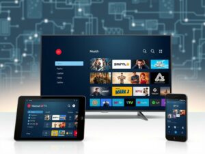 A modern, sleek IPTV streaming app interface showcased on various devices, including a smart TV, tablet, and smartphone. The foreground features a clean, minimalist design with intuitive navigation controls, content thumbnails, and a user-friendly UI. The middle ground highlights the versatility of the IPTV solution, with seamless integration across multiple platforms. The background subtly conveys a sense of technology and innovation, with a soft, blurred backdrop of digital elements, such as wireframes, data visualizations, or abstract geometric patterns. The overall composition evokes a sense of convenience, accessibility, and the transformative potential of IPTV in revolutionizing the future of television streaming.