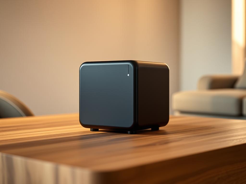 A sleek and modern Amazon Fire TV Cube resting on a minimalist wooden table, bathed in warm, soft lighting. The device's matte black exterior gleams subtly, its clean, rectangular design complemented by the clean, minimalist surroundings. The Cube is positioned at a slight angle, highlighting its sharp edges and smooth curves. In the background, a neutral, slightly blurred backdrop suggests a high-end, contemporary living space. The overall scene conveys a sense of sophisticated technology seamlessly integrated into a refined, elegant environment.