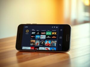 A sleek and modern Android mobile device displays an IPTV application interface. The screen shows a grid of channels, categories, and on-demand content options. The user interface features a clean, minimalist design with intuitive navigation controls. Warm, soft lighting illuminates the scene, creating a cozy and inviting atmosphere. The device is placed on a wooden surface, reflecting the natural, organic environment. The overall composition conveys the legal and responsible use of IPTV services, focused on providing a seamless and enjoyable streaming experience.