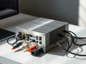 A sleek and modern HDMI IPTV encoder sits atop a clean, minimalist desk. The device's brushed aluminum chassis gleams under the soft, directional lighting, casting subtle shadows that accentuate its streamlined silhouette. Cables in a mix of colors neatly run from the encoder, connecting it to various input and output devices, hinting at its versatility and professional-grade capabilities. The background is blurred, drawing the viewer's attention to the encoder as the central focus, emphasizing its role as a crucial component for high-quality, reliable streaming.
