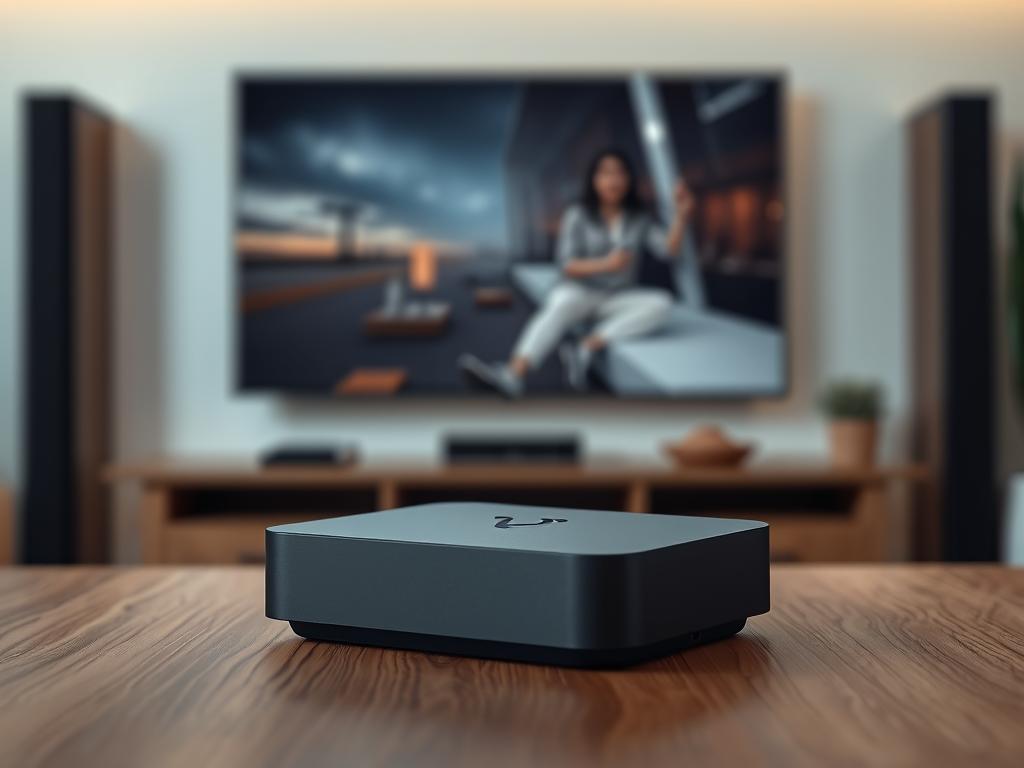 A sleek, modern Android TV box standing on a minimalist wooden table, showcasing its 4K capabilities. The device is rendered in high detail, with a matte black chassis and clean lines, surrounded by a soft, indirect lighting that creates a warm, inviting atmosphere. The TV box is positioned prominently, occupying the foreground, while a blurred living room scene with a large OLED television fills the background, hinting at the box's intended use. The overall composition conveys a sense of technological sophistication and seamless home entertainment integration.