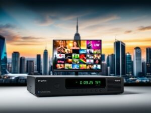 A sleek, modern IPTV encoder sits prominently in the foreground, its clean lines and intuitive interface showcasing the power and versatility of this essential streaming technology. The middle ground features a vibrant display showcasing various video formats, resolutions, and bitrates, highlighting the encoder's ability to optimize content delivery. In the background, a stylized cityscape with towering skyscrapers and a dynamic skyline symbolizes the ever-evolving digital landscape, underscoring the encoder's role in enabling seamless, high-quality IPTV experiences. Soft, directional lighting illuminates the scene, creating a sense of sophistication and technological prowess. The overall composition conveys the key benefits of using an IPTV encoder: enhanced streaming quality, versatile format support, and future-ready performance.