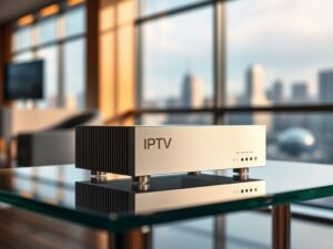 A sleek, modern IPTV encoder standing on a glass table, bathed in warm, directional lighting that casts dramatic shadows. The device features a clean, minimalist design with smooth metallic surfaces and subtle LED indicators. In the background, a blurred cityscape is visible through a large window, hinting at the encoder's role in powering high-quality video streaming. The scene conveys a sense of technological sophistication and the importance of this essential component in delivering a seamless, immersive viewing experience.