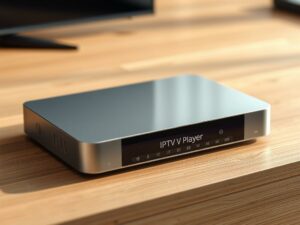 A sleek, modern IPTV player device resting on a minimalist wooden surface, capturing the essence of seamless digital entertainment. The player is rendered in a clean, metallic silver tone, its display showcasing a vibrant, crystal-clear user interface. Soft, directional lighting illuminates the player, creating subtle shadows and highlights that accentuate its elegant design. The composition is framed by a blurred, warm-toned background, focusing the viewer's attention on the IPTV player as the centerpiece of the scene.