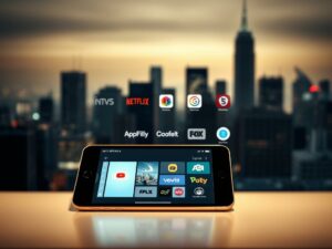 A sleek, modern iOS device prominently displayed in the foreground, its screen showing the intuitive user interface of a top IPTV player app. In the middle ground, various streaming service logos and app icons float seamlessly, hinting at the wealth of content available. The background features a soft, defocused cityscape, with skyscrapers and twinkling lights, evoking a sense of urban sophistication and connectivity. The lighting is subtle and directional, casting a warm, inviting glow on the scene. The overall composition is balanced and visually appealing, showcasing the versatility and capabilities of the top IPTV player for iOS.