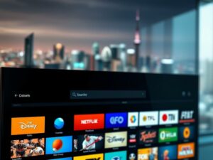 A sleek, modern interface showcasing the key features of a top-tier IPTV app. In the foreground, a grid of vivid high-definition channel icons, each glowing with a soft light. In the middle ground, intuitive controls and a search bar, all rendered in a minimalist, user-friendly design. The background features a blurred cityscape, hinting at the global reach and diverse content library of the app. The scene is illuminated by soft, directional lighting, creating depth and emphasizing the app's clean, cutting-edge aesthetic. The overall mood is one of sophistication, versatility, and technological advancement, perfectly capturing the essence of the "best IPTV app features."