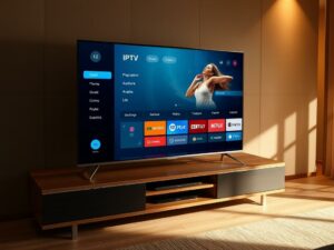 A stylish, modern IPTV application displayed on a sleek, high-definition television screen. The app's interface features a clean, minimalist design with intuitive navigation menus and crisp, vibrant graphics. The television screen is mounted on a contemporary, wooden entertainment unit, bathed in warm, directional lighting that creates a cozy, inviting atmosphere. The overall scene conveys a sense of technological sophistication and seamless integration of digital media into a refined, home entertainment setup.